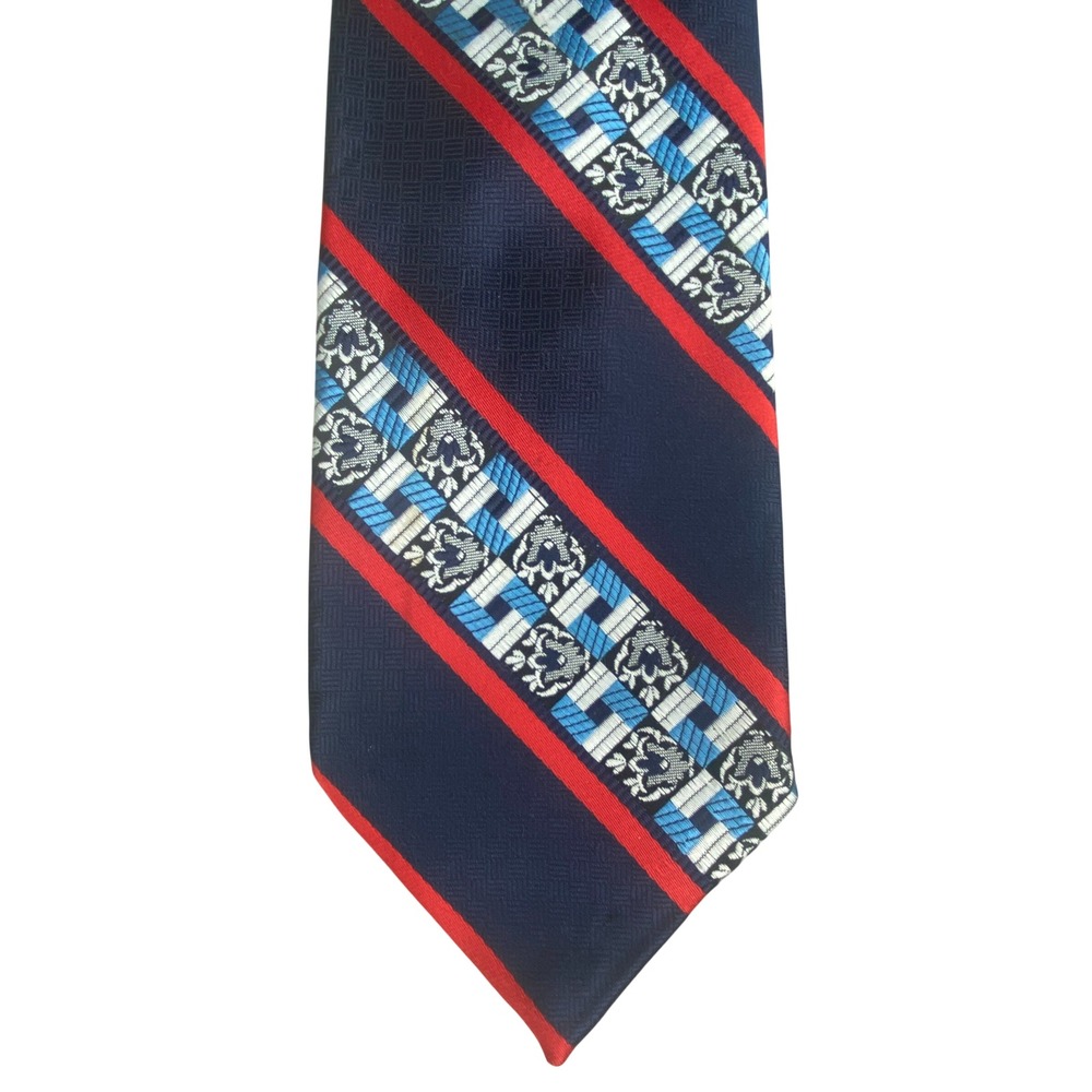 VTG Fruit of the Loom Necktie Navy Blue Red Crest Stripe 70s Retro Wide 4x55